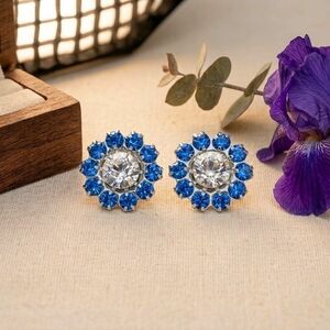 Sapphire Blue Swarovski® Crystal Timeless Vintage Flower Earrings Silver Overlay